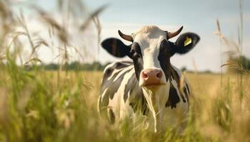 vache pâturage dans une vert Prairie sur une ensoleillé laitier ferme généré par ai photo