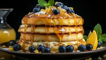 Frais myrtille crêpe avec chocolat, menthe feuille, et framboise décoration généré par ai photo