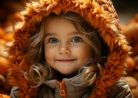 souriant mignonne enfant, de bonne humeur portrait en plein air, enfance hiver petit fille généré par ai photo