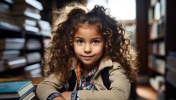 souriant enfant, mignonne et joyeux, à la recherche à caméra, apprentissage à l'intérieur généré par ai photo