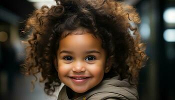 souriant enfant avec frisé cheveux, à la recherche à caméra, rayonnant bonheur généré par ai photo
