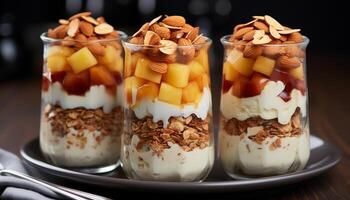 gourmet Chocolat parfait avec Frais fruit, yaourt, et granola généré par ai photo