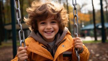 une mignon, souriant enfant en jouant en plein air dans le l'automne balançoire généré par ai photo