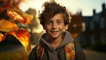 souriant garçon jouit l'automne coucher de soleil, rayonnant bonheur et confiance généré par ai photo