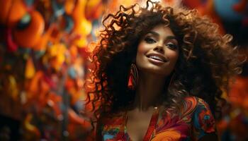 une magnifique femme avec frisé cheveux souriant, à la recherche à caméra généré par ai photo