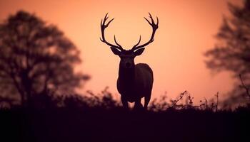 silhouette de cerf pâturage dans tranquille Prairie à lever du soleil généré par ai photo