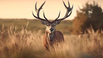 une majestueux cerf broute dans le prairie, entouré par la nature généré par ai photo