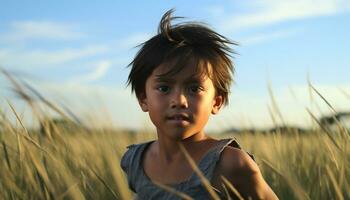 une mignonne garçon, souriant, profiter la nature beauté dans le Prairie généré par ai photo