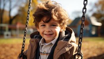 souriant enfant balançant en plein air, profiter espiègle amusement dans la nature généré par ai photo