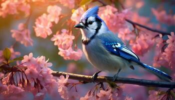 une petit bleu mésange se percher sur une branche dans printemps généré par ai photo