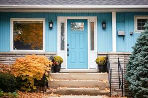 ai génératif. bleu de face porte de traditionnel style maison. une de face entrée de une Accueil avec une bleu porte. photo