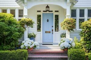 ai génératif. bleu de face porte de traditionnel style maison. une de face entrée de une Accueil avec une bleu porte. photo