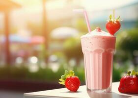 ai génératif. fraise Milk-shake dans une verre avec une paille photo