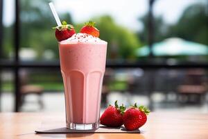 ai génératif. fraise Milk-shake dans une verre avec une paille photo