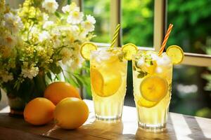 ai génératif. été agrumes limonade dans perle lunettes, ensoleillé journée photo