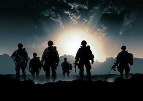 militaire silhouettes sur le coucher du soleil. ai génératif. photo