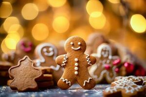 vacances délices - pain d'épice homme et Noël traite avec bokeh Contexte - génératif ai photo