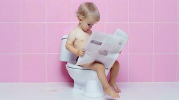 enfant en train de lire journal et toilette photo