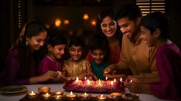Indien famille éclairage pétrole les lampes et célébrer Diwali, festival de lumières à Accueil photo