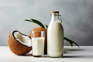 sans lactose plante Lait - noix de coco Lait et verre bouteille avec Lait - génératif ai photo