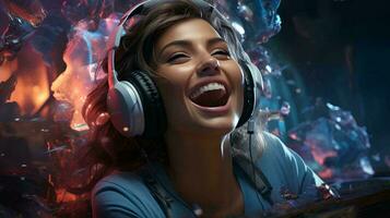 une fille dans écouteurs se réjouit et des rires tandis que en jouant ordinateur en ligne Jeux. le concept de joie de ordinateur Jeux, diffusion photo