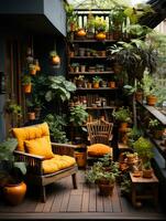 une pièce avec les plantes sur étagères et une chaise. génératif ai photo
