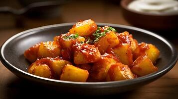 patates avec sauce et garnir dans une noir bol ai généré photo