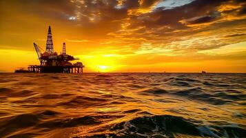 le coucher du soleil sur le horizon - pétrole plate-forme au milieu de le océan vagues - génératif ai photo