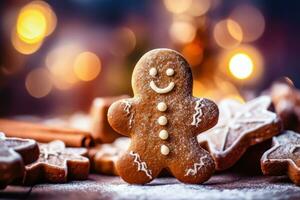 de fête pain d'épice homme - Noël traite sur flou bokeh Contexte - génératif ai photo