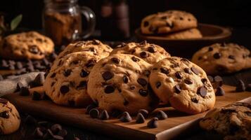 Chocolat biscuits sur en bois table ai génératif photo