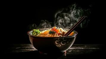 Japonais ramen soupe avec poulet, œuf, ciboulette et germer sur foncé Contexte ai génératif photo