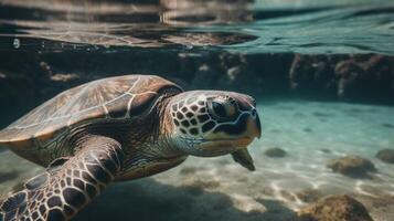 tortues nager en dessous de le mer ai génératif photo