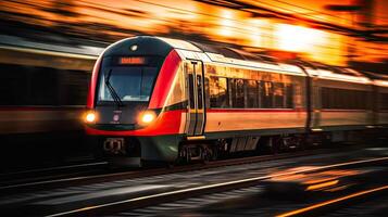 moderne vite train est Aller à le destination ai génératif photo