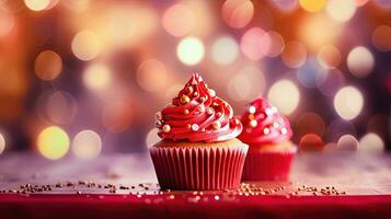magnifique rouge velours gâteau ensemble contre bokeh Contexte - génératif ai photo