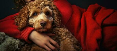 fatigué rouge chien repos sur propriétaire s jambes aimé et soigné pour par vieux Dame célébrer vacances avec famille photo