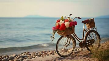 vélo avec une Jaune fleur panier suivant à le mer. photo