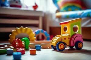coloré jouet explosion - récréation délice dans le enfants pièce - génératif ai photo