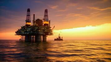 bord de mer industrie - pétrole plate-forme silhouette par le océan à le coucher du soleil - génératif ai photo
