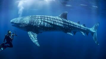 la personne plongée avec baleine dans Profond bleu océan. ai généré photo