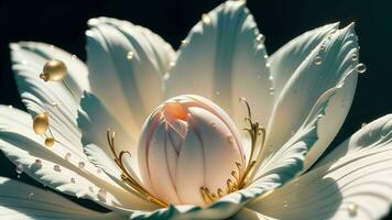 l'eau gouttelettes sur une magnifique fleur sur une goutte de rosée macro la photographie ai généré photo