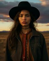 une femme dans une chapeau et veste permanent dans le désert génératif ai photo