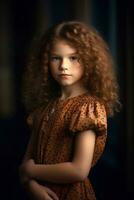 portrait de une Jeune fille avec frisé rouge cheveux, fermer, Naturel doux lumière, ai généré art photo