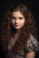 portrait de une Jeune fille avec frisé rouge cheveux, fermer, Naturel doux lumière, ai généré art photo