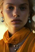 portrait de une européen blond fermer dans élégant bijoux , Naturel studio photo, chaud filtre, ai génératif art photo