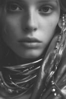 monochrome portrait de une européen cheveux roux fille fermer dans élégant bijoux , Naturel studio photo, chaud filtre, ai génératif art photo