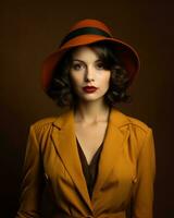 une magnifique femme dans un Orange chapeau et manteau génératif ai photo