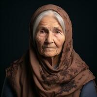 un vieux femme portant une foulard sur une noir Contexte génératif ai photo