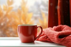 tasse de chaud thé sur fenêtre, rouge plaid et rideau , pluie dehors. ai généré photo