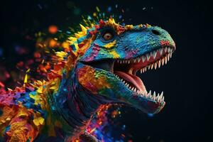 abstrait de tyrannosaure Rex ou t-rex dinosaure portrait dans crétacé période avec multi coloré coloré sur peau corps peindre, vibrant brillant dégradés arrière-plan, avec génératif ai. photo