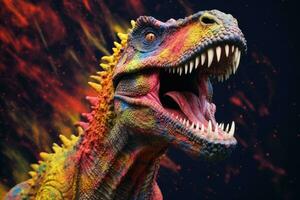 abstrait de tyrannosaure Rex ou t-rex dinosaure portrait dans crétacé période avec multi coloré coloré sur peau corps peindre, vibrant brillant dégradés arrière-plan, avec génératif ai. photo